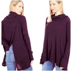 Free People Women's S Top Juicy Split Back Waffle Knit Thermal Purple Cowl Neck